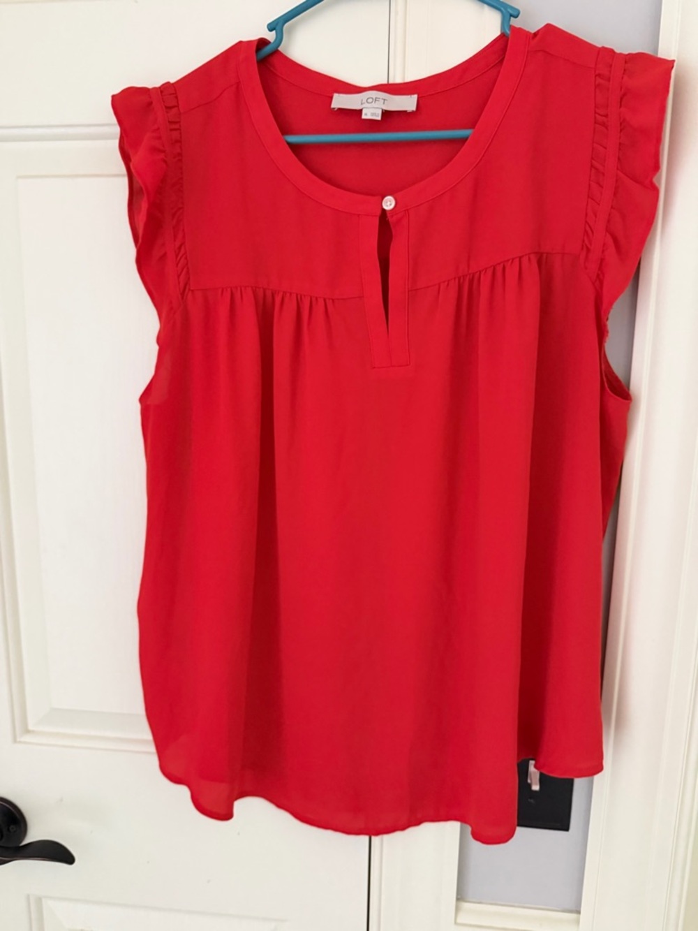 LOFT Red Ruffle Sleeve Keyhole Top